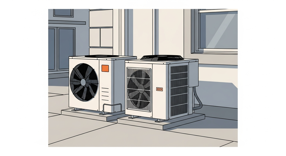 Two outdoor condenser units side by side representing Carrier and Trane