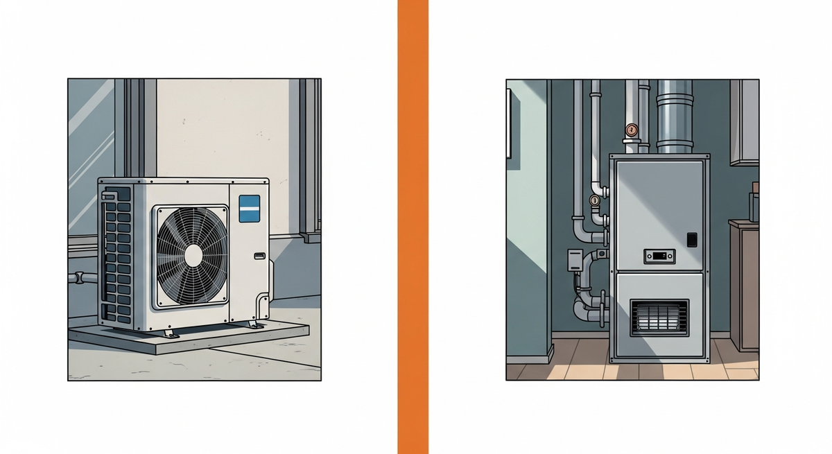 Side by side outdoor heat pump and indoor gas furnace in a modern home