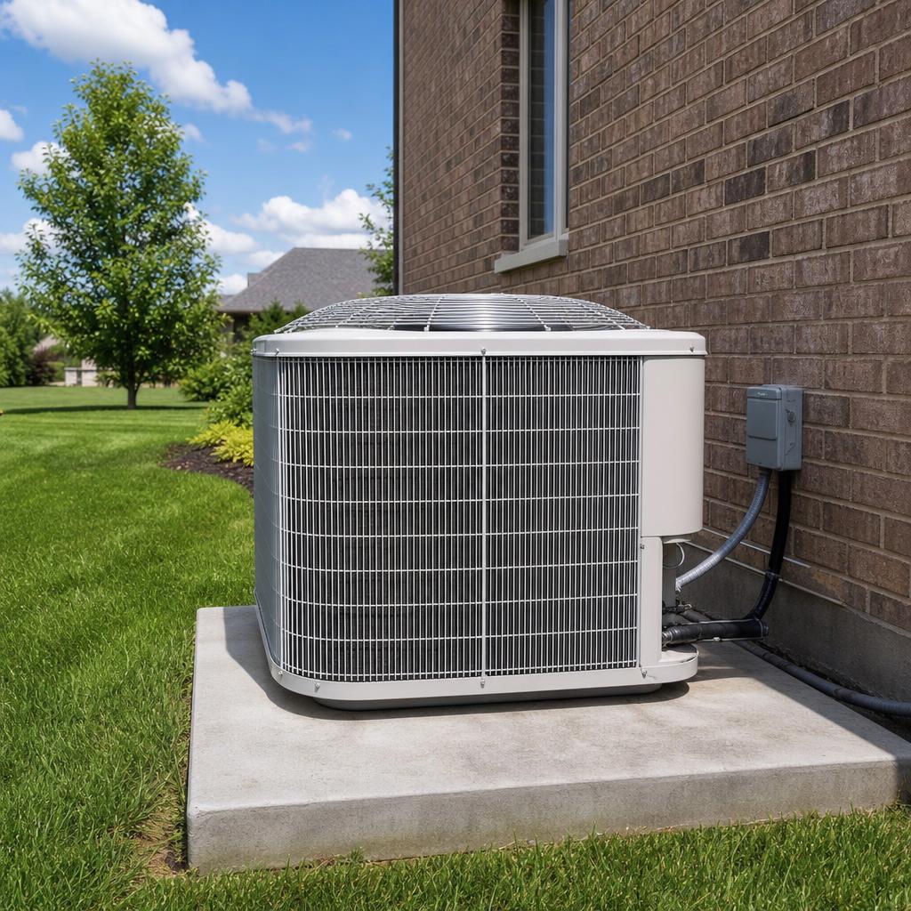 Central air conditioning condenser unit installed on a concrete pad beside a brick suburban home on a sunny summer day