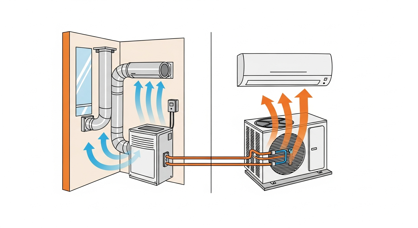 Cutaway diagram of a central air conditioning system showing indoor and outdoor units