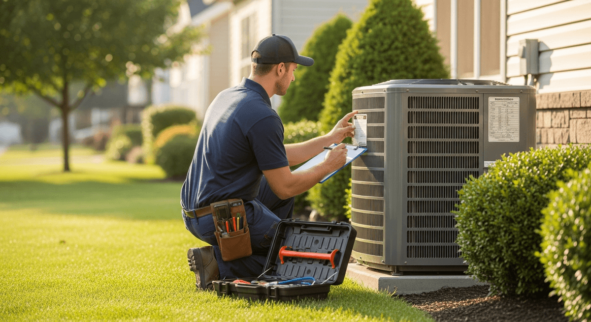 HVAC technician inspecting the data plate on an outdoor AC condenser beside a home