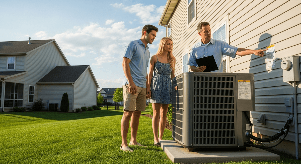 Home buyers and an inspector checking the data label on an outdoor AC unit