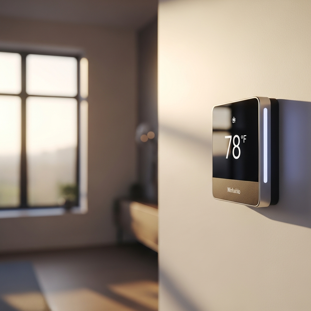 Smart thermostat displaying a comfortable indoor temperature next to a glowing summer window