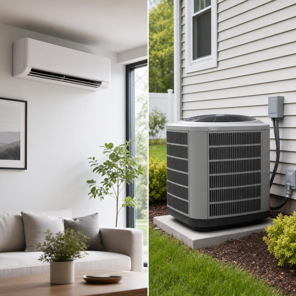 Side-by-side comparison of a ductless mini-split wall unit inside a modern room and a central air condenser unit outside a suburban home