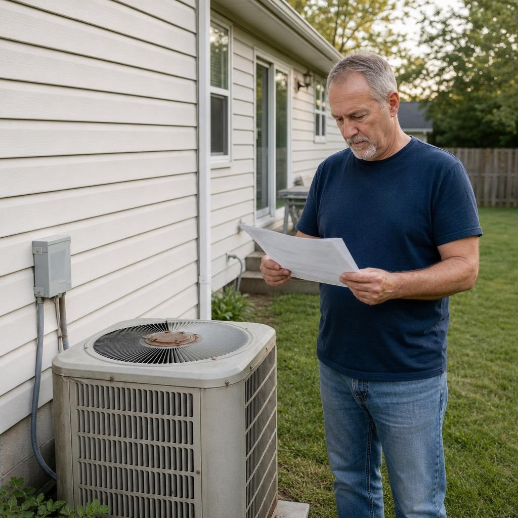 Homeowner reviewing an AC repair estimate while standing next to an aging outdoor condenser unit