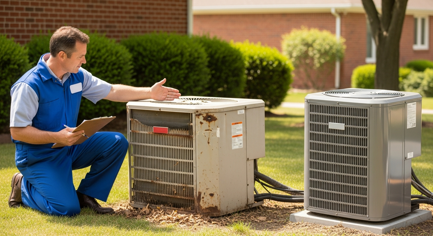 HVAC technician with a clipboard inspecting an aging outdoor AC unit