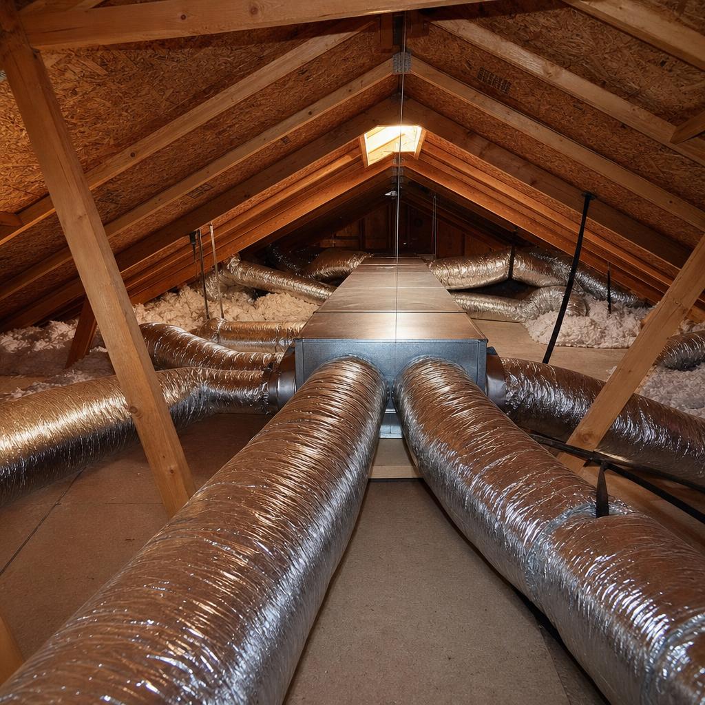 Insulated flexible HVAC ductwork running from a central trunk line in a residential attic