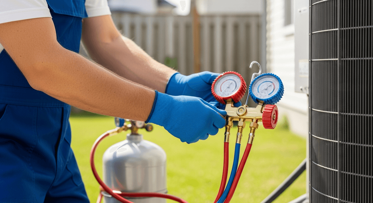Refrigerant gauges connected to an outdoor AC unit during a service visit