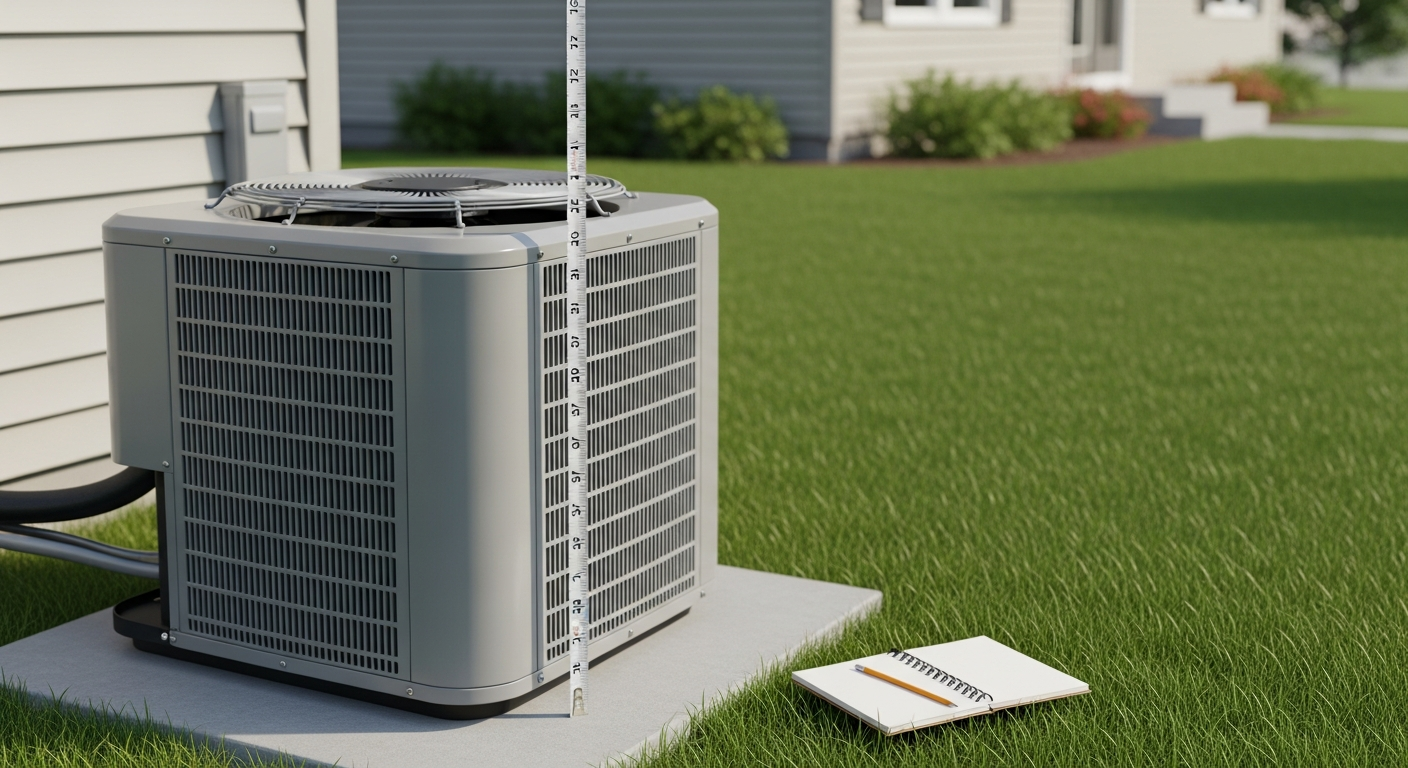 Homeowner with a tape measure planning a new central air conditioner installation