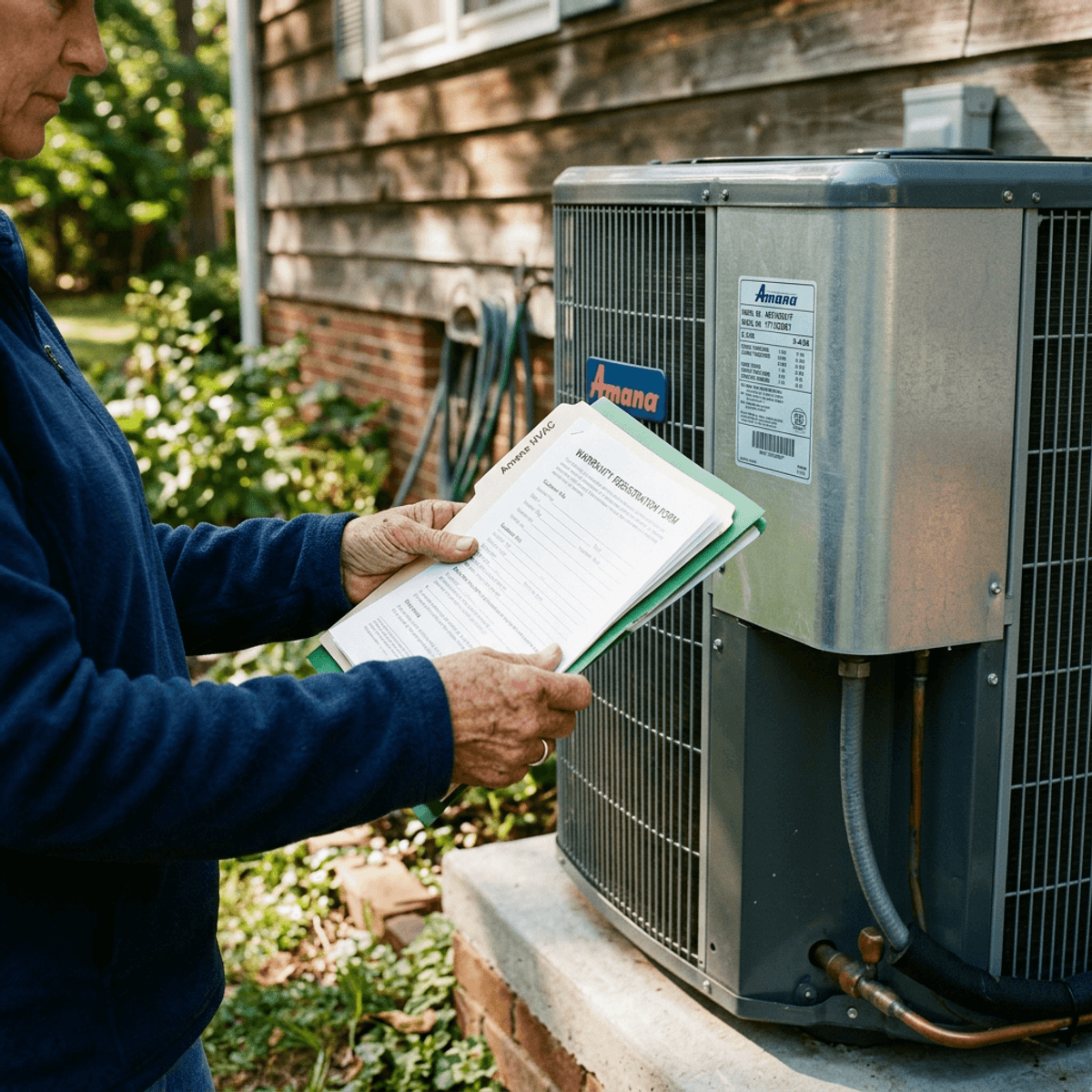 Homeowner reviewing HVAC warranty paperwork beside an outdoor condenser unit